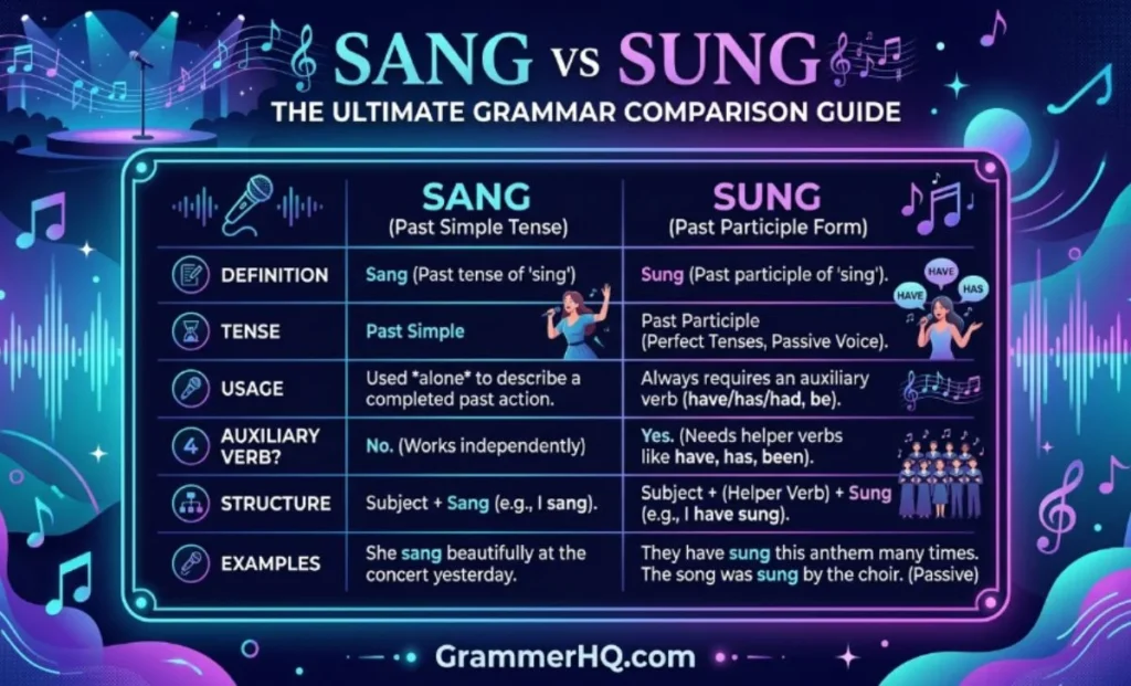 Sang vs Sung Comparison Table