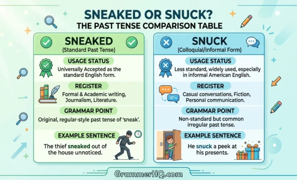 Sneaked vs Snuck Comparison Table